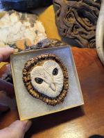 BARN owl carved antler belt buckle or paper wieght